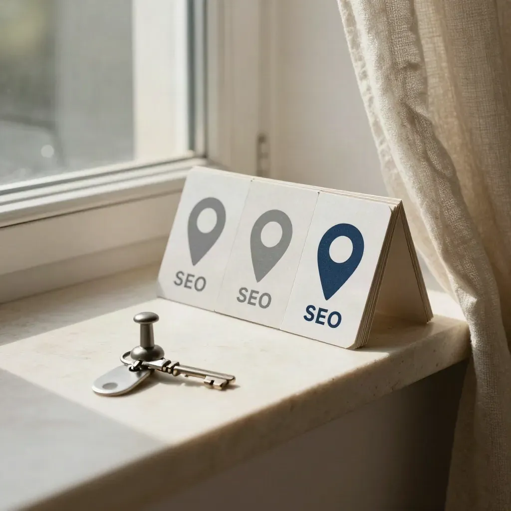 Stone-toned local SEO pack on a limestone ledge with reverse-side cards, map-pin tokens, and a pewter key tag.