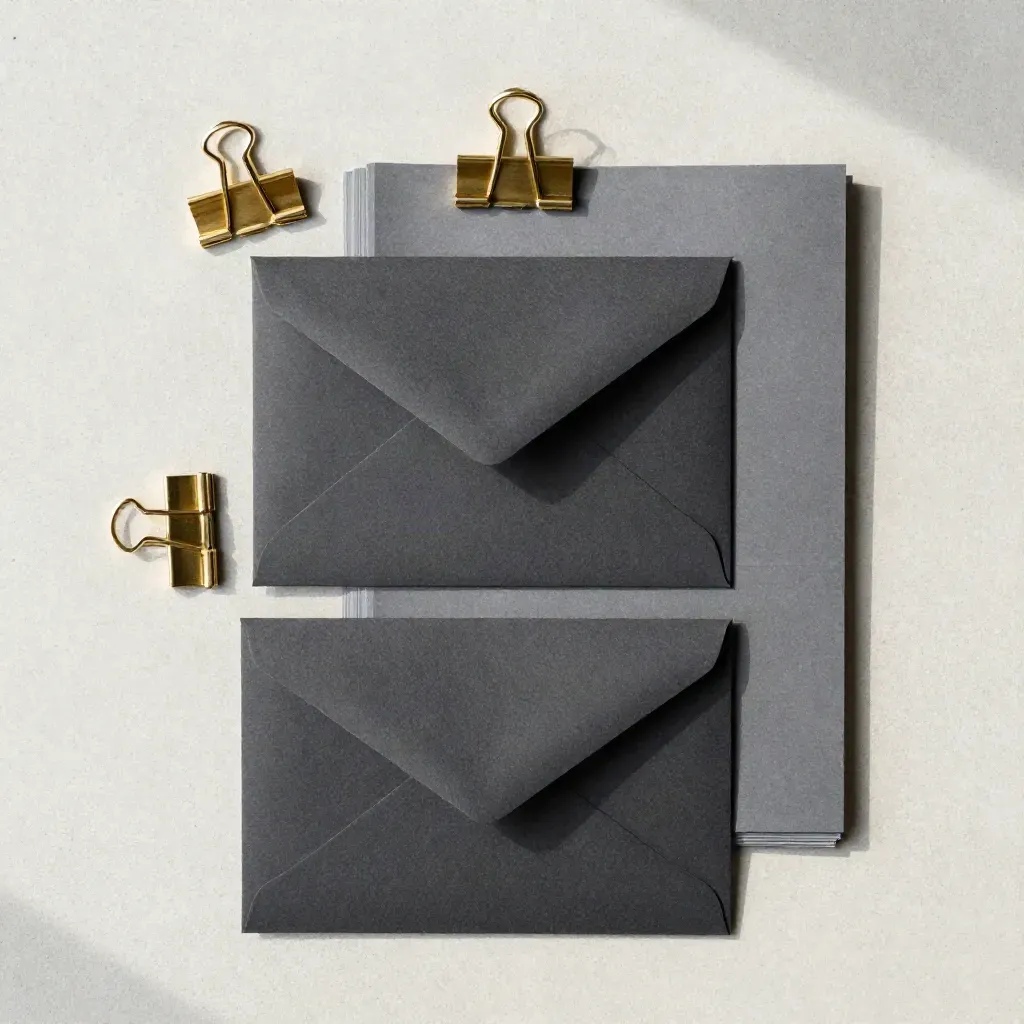 Graphite campaign setup flatlay with brass clips and a sealed envelope on concrete.