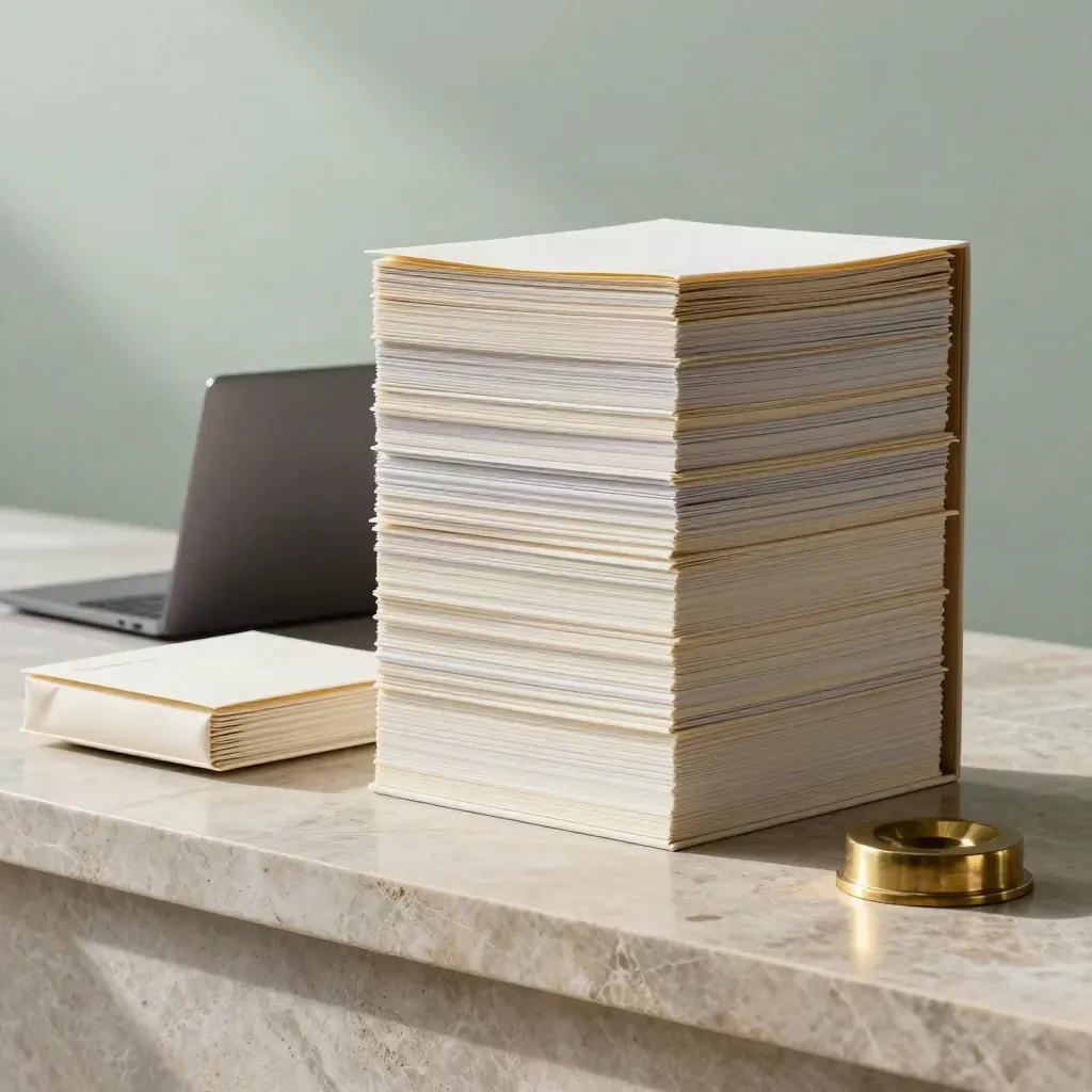 Ivory SEO audit folio tower with laptop, brass weight, and stone plinth in soft dawn light.