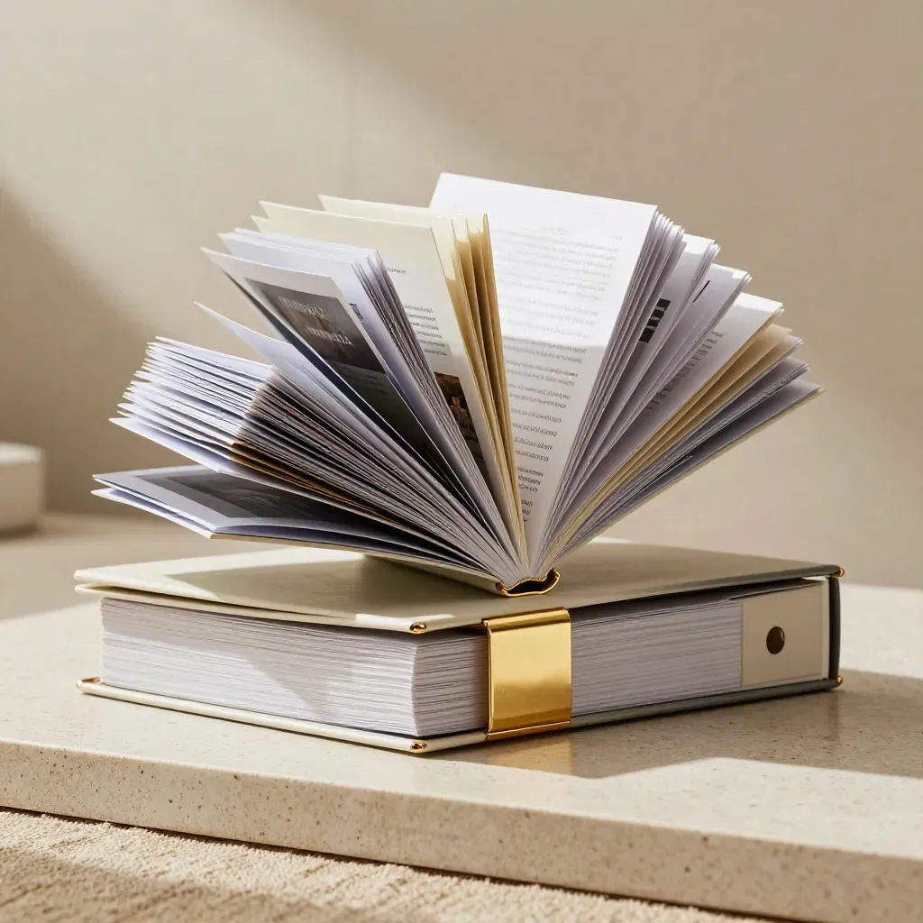 Quarterly growth pack of binders, ad box, folio, and reports tied with a gold band on travertine.