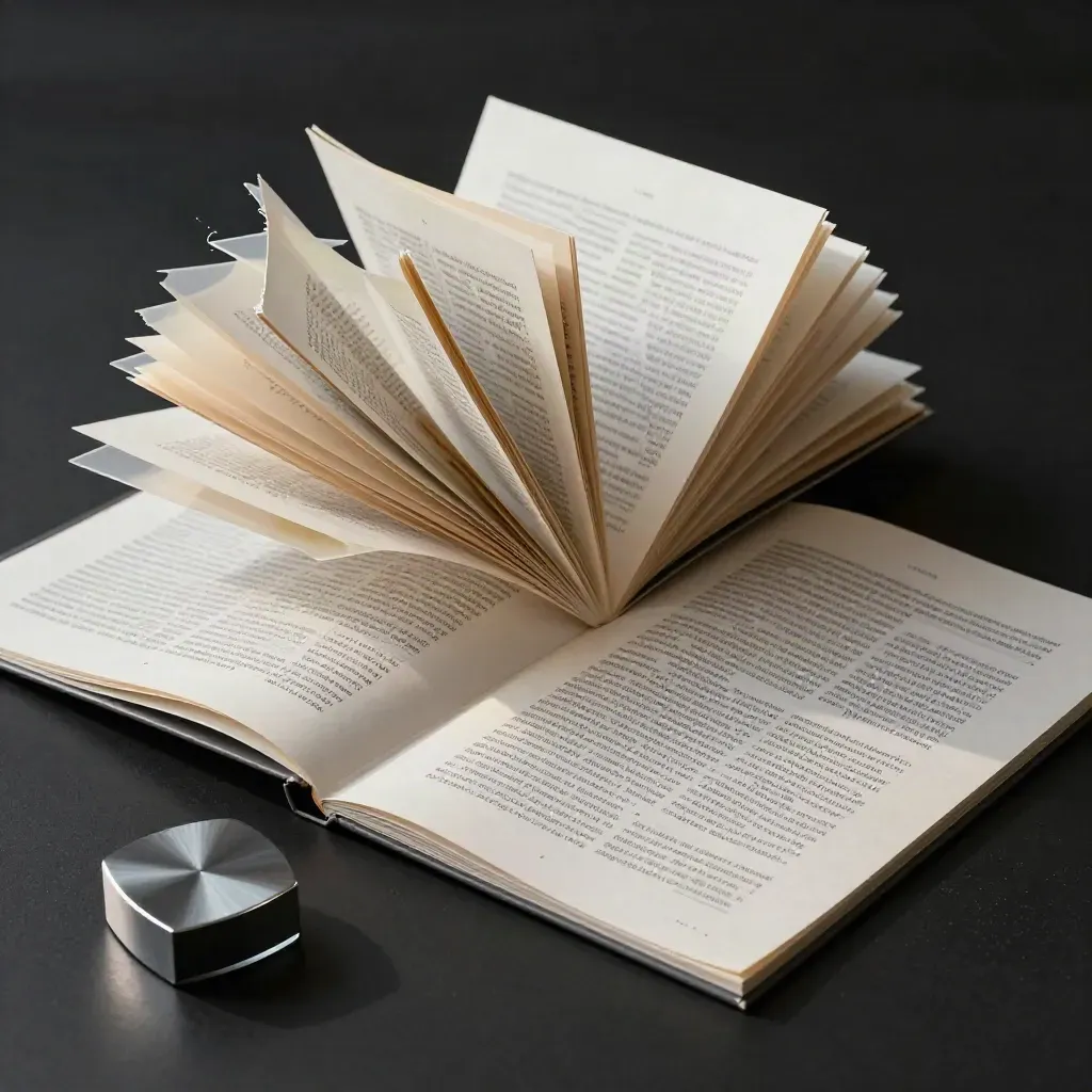 Layered SEO copy folio with torn pages, ivory tabs and graphite accents on matte black.