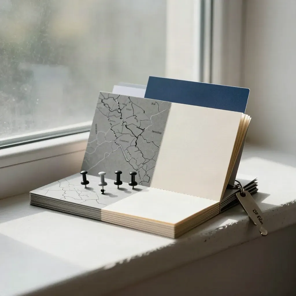 Stone-grey local map pack kit with pins and blank cards on a bright window ledge.