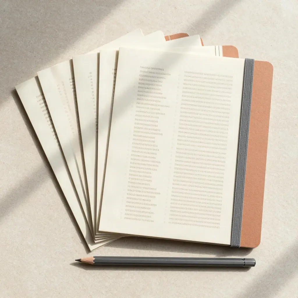 Top-down flat lay of sand-toned keyword planning sheets with tabs, band and pencil