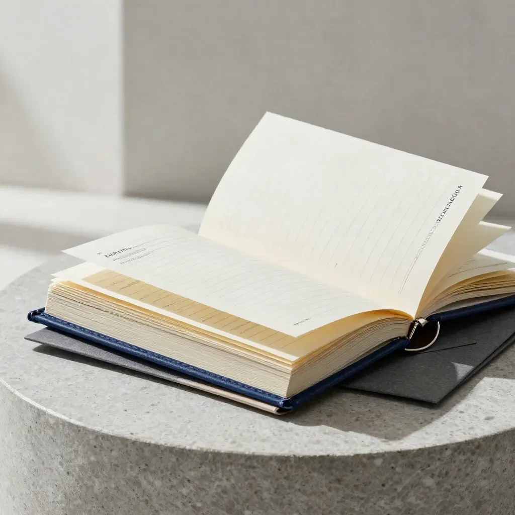 Macro of a circular SEO check-in folio with ring notes and report sleeves on a travertine pedestal
