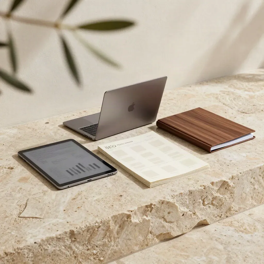 Sunlit travertine landing with SEO audit materials, plaster wall, and blurred olive branch.