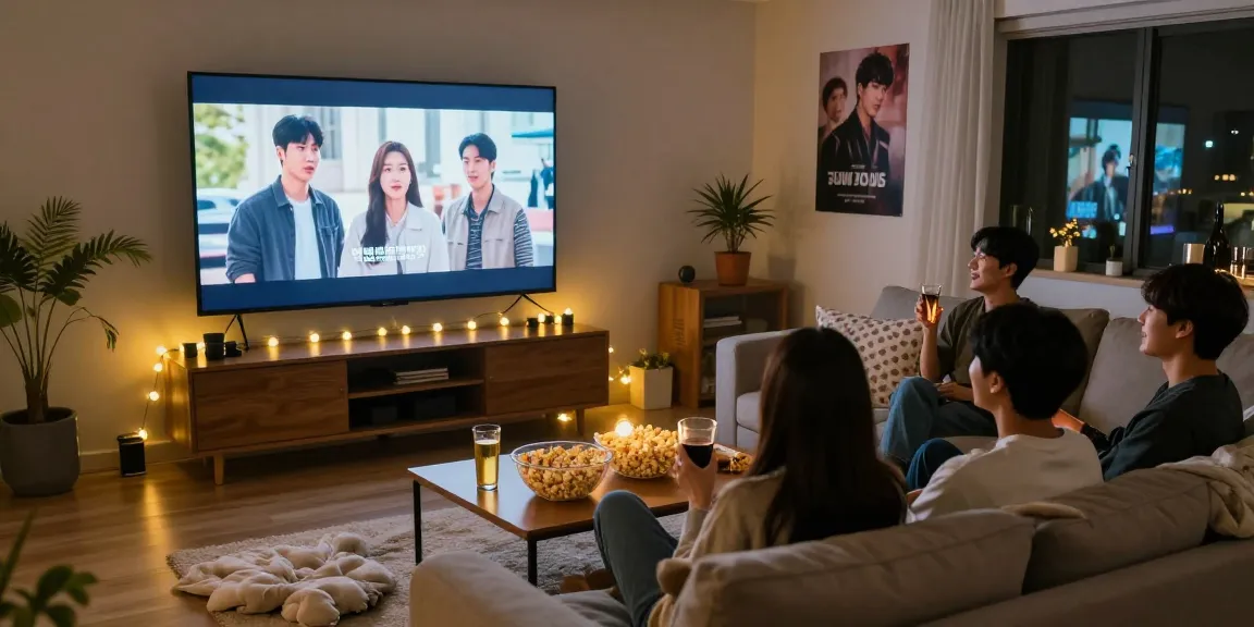 Friends gathered for a cozy film night watching nonton bokep korea on a large screen.