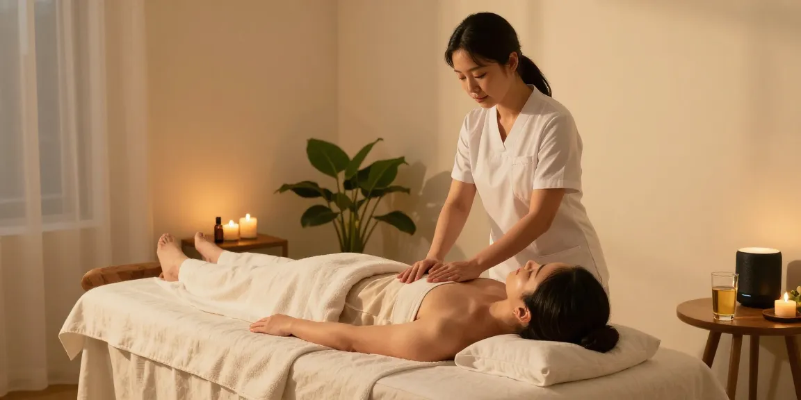 Professional therapist providing 부천출장 안마 in a serene home spa environment with relaxing elements.
